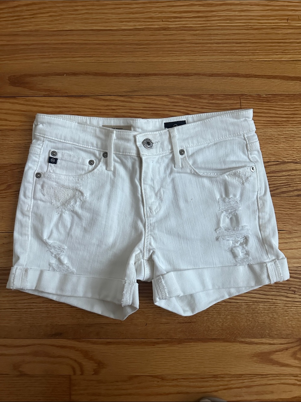 AG Adriano Goldschmied White Distressed Cuffed Denim Shorts